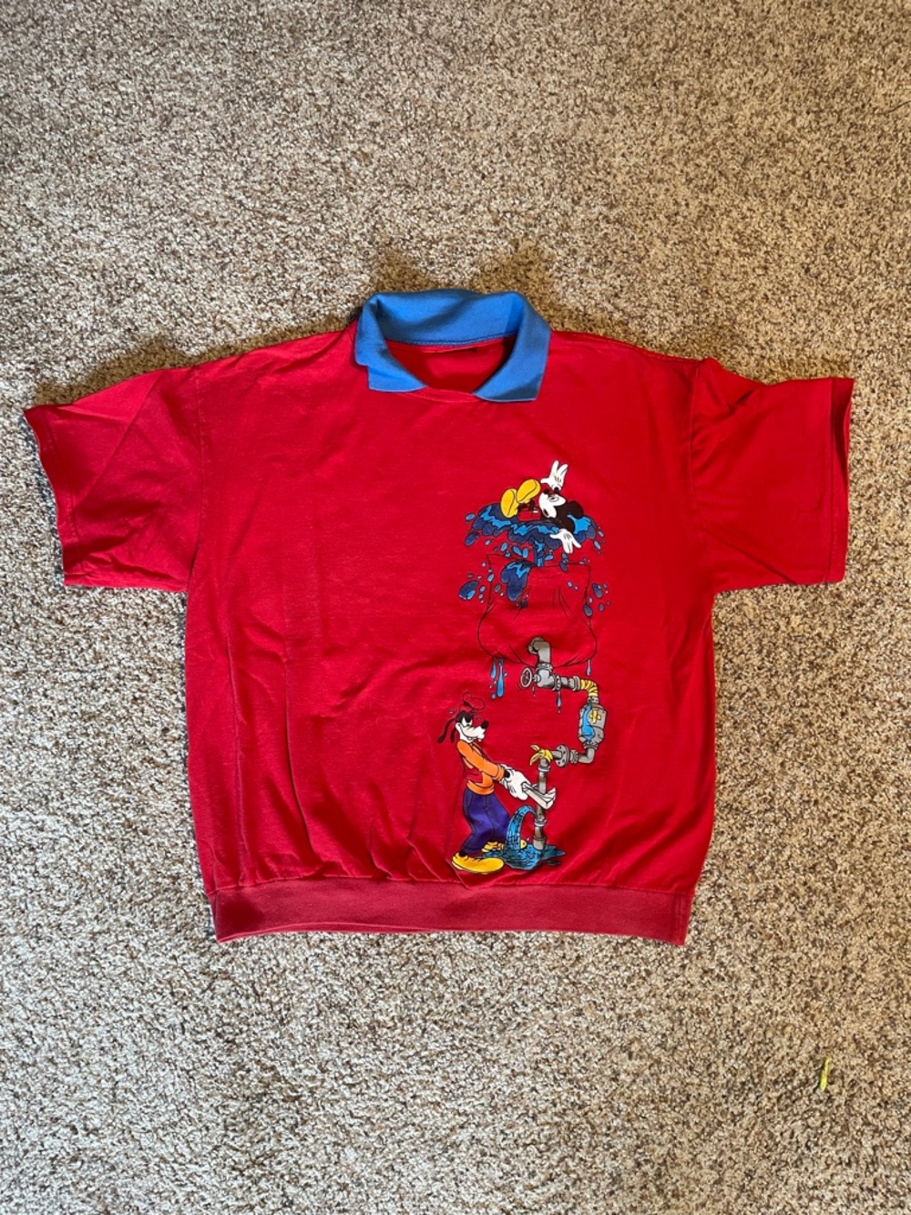 Women’s Disney Red Polo Shirt with Blue Collar and Goofy Graphic